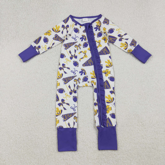 RTS Baby Girl Long Sleeves Football Bows Team Cheer Purple Zipper Romper