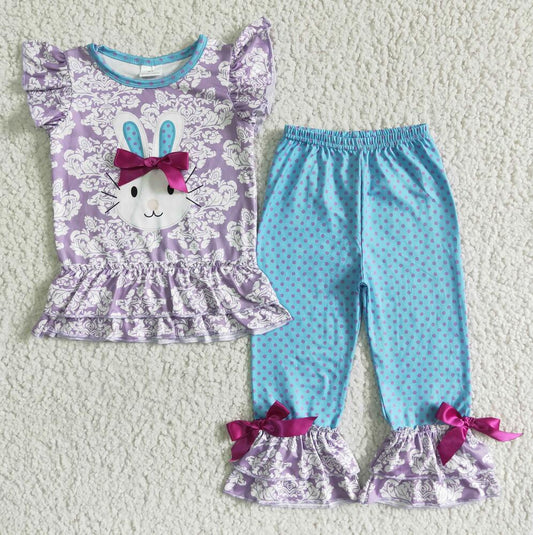 A0-1  Easter Rabbit Girl 2pcs Short sleeve ruffle Sets Boutique kid clothing