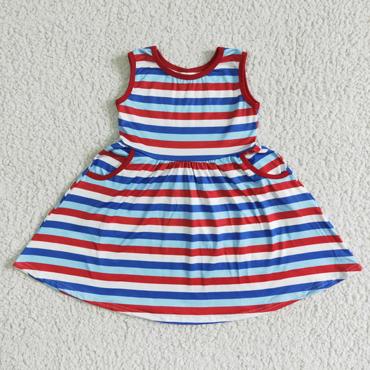 5.17 RTS NO MOQ Baby Girl Summer Skirt A1-13-2 4th Of July  Sleeveless Stripe Pocket Dresses
