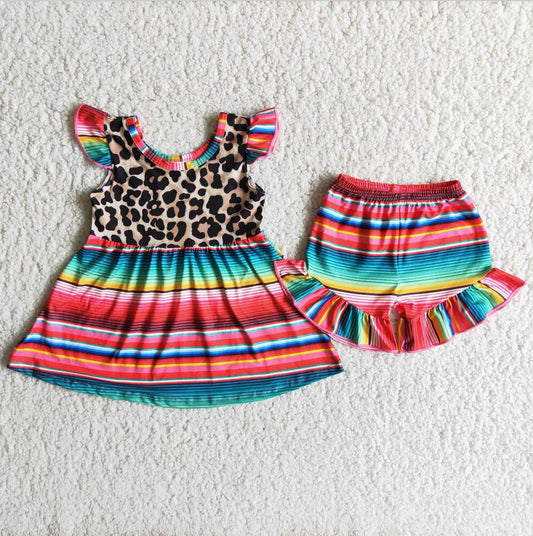 A1-3 Leopard print Summer 2pcs Short sleeve ruffle Sets Boutique kid outfit