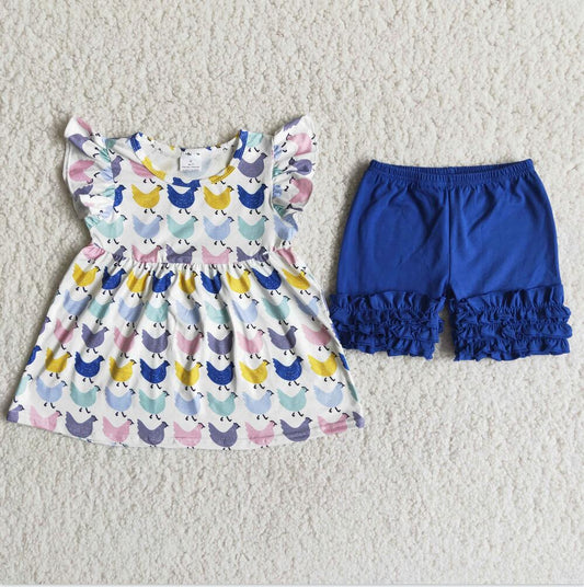 A10-11 Chicken Colorful Girls Blue Icing Shorts Sets