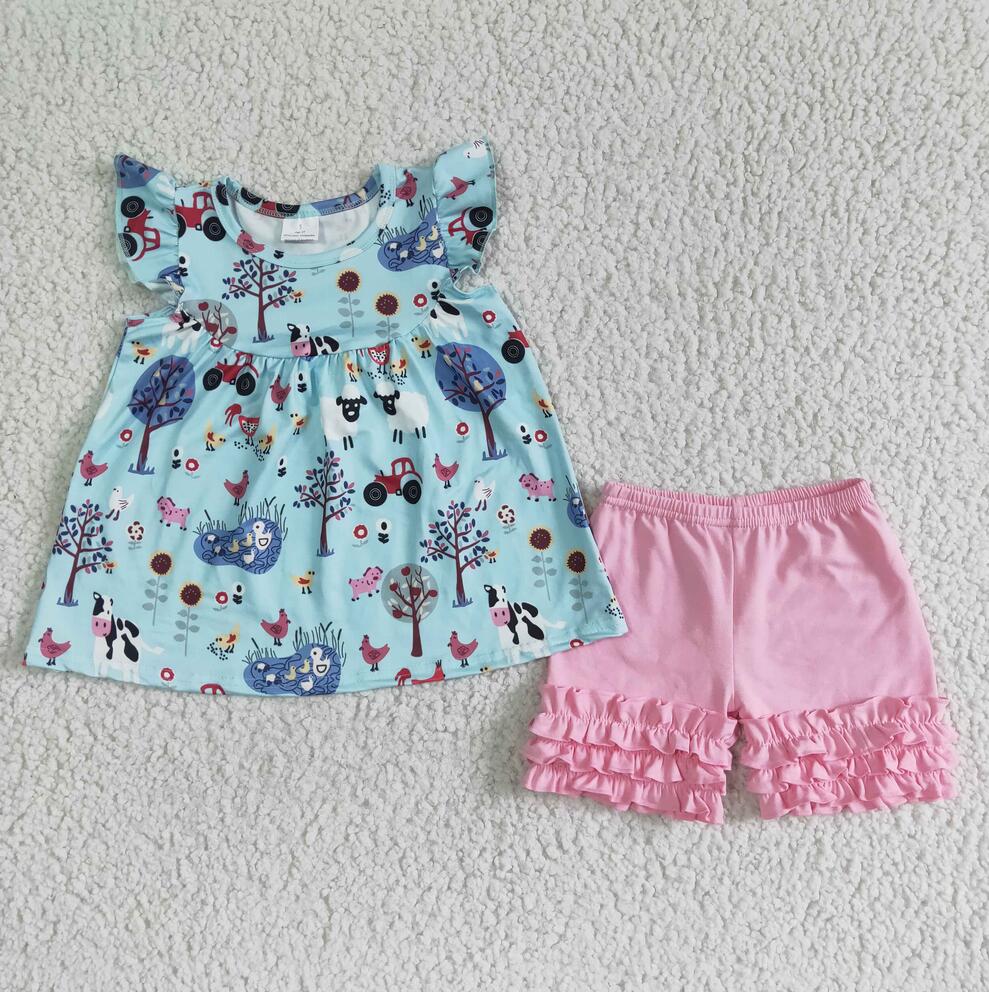 A10-14 Farm Summer 2pcs Short sleeve ruffle Sets Boutique kid clothes