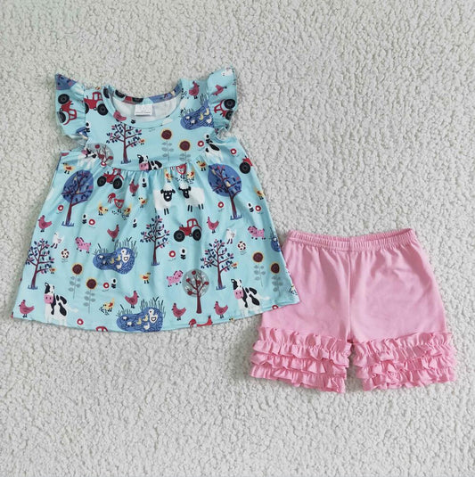 A10-14 Farm Summer Girl Short Outfit Kid Boutique Wholesale Outfit