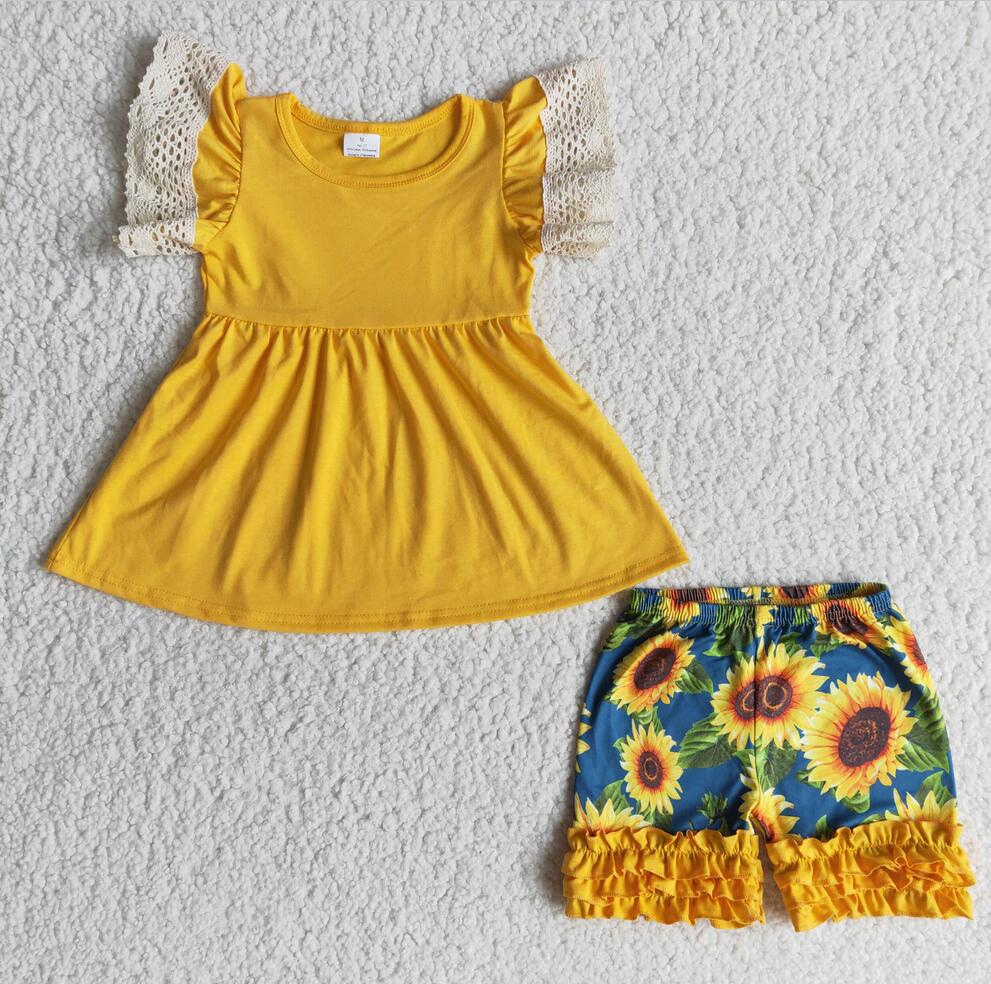 A10-24 Lace sunflower Summer 2pcs Short sleeve ruffle Sets Boutique kid clothes