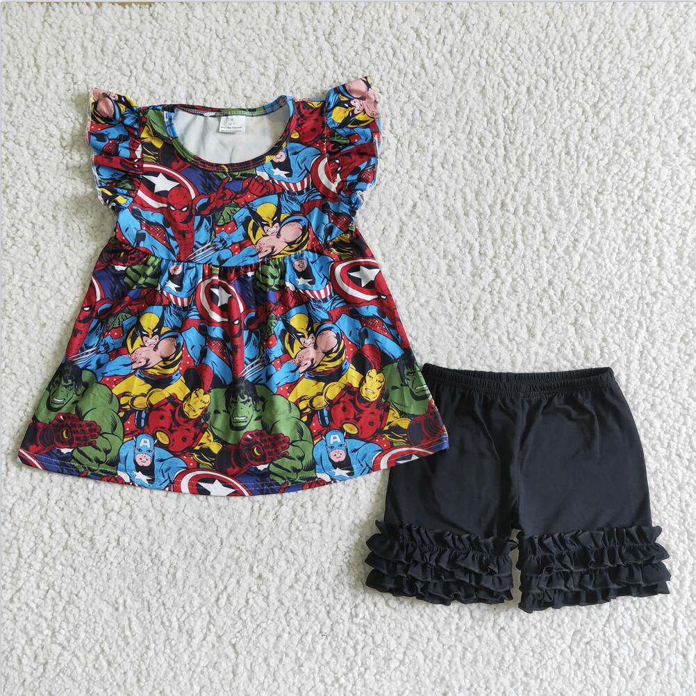 A11-11 Cartoon Summer 2pcs Short sleeve ruffle Sets Boutique kid clothes