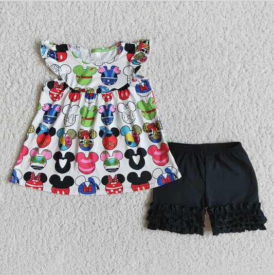 A11-16 Cartoon Design Summer 2pcs Short sleeve ruffle Sets Boutique kid clothes