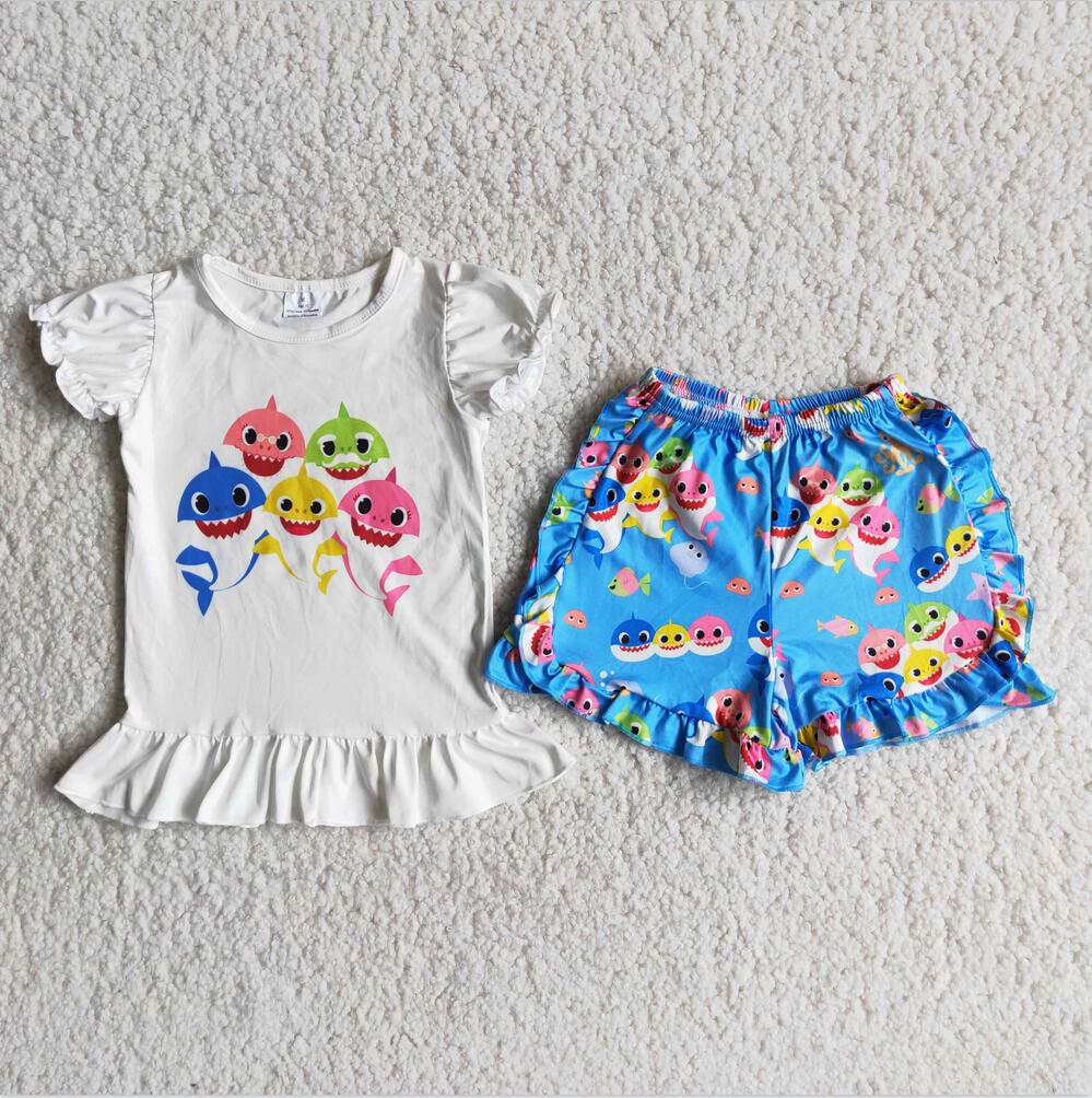 A13-11  Summer Cartoon Print 2pcs Short sleeve ruffle Sets Boutique kid clothes