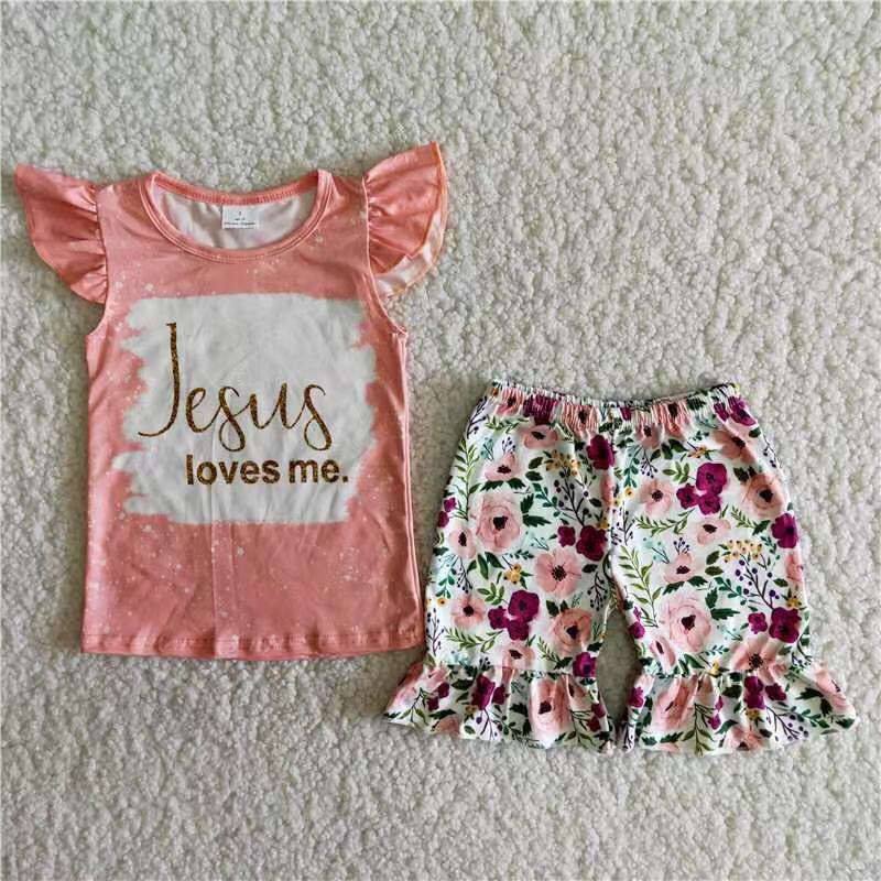 A14-12  Jesus love me floral Summer Shorts Sets