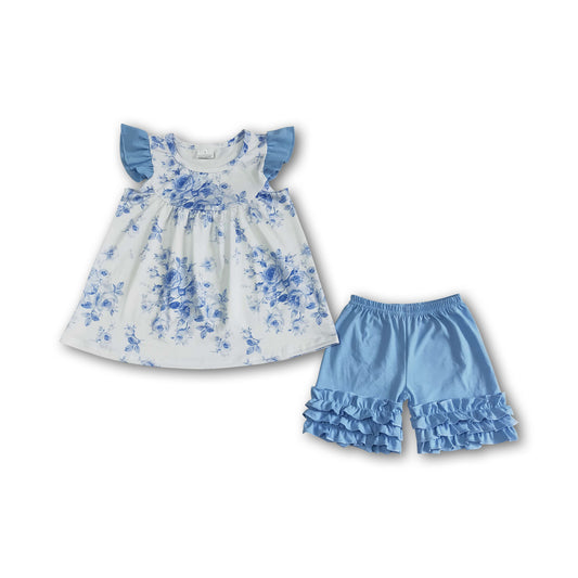 RTS NO MOQ Baby Girls Summer Sets A14-9 Blue Floral Icing Pearl Ruffle Shorts Sets