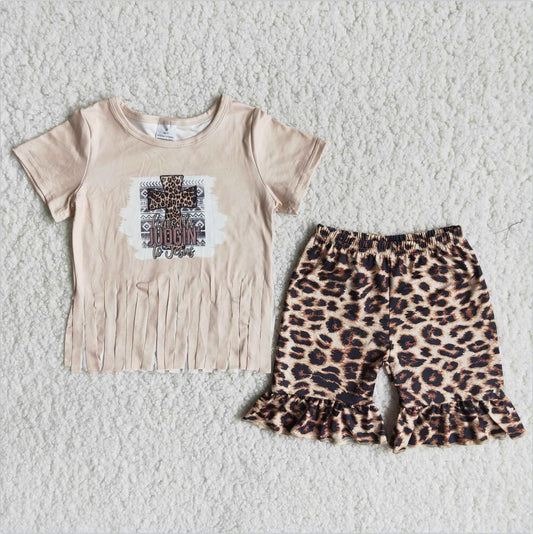 A16-11 Summer Cross leopard print 2pcs Short sleeve ruffle Sets Boutique kid clothes