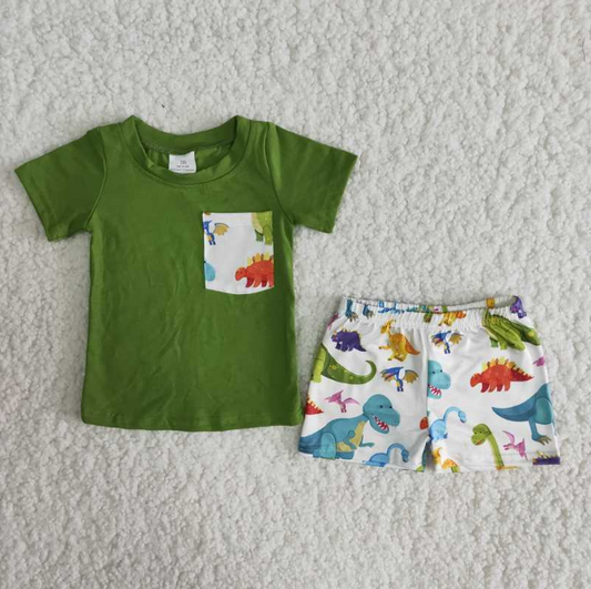5.17 RTS NO MOQ Baby Boys Summer Sets A16-12 Green Dinosaur Soft Pocket Outfit