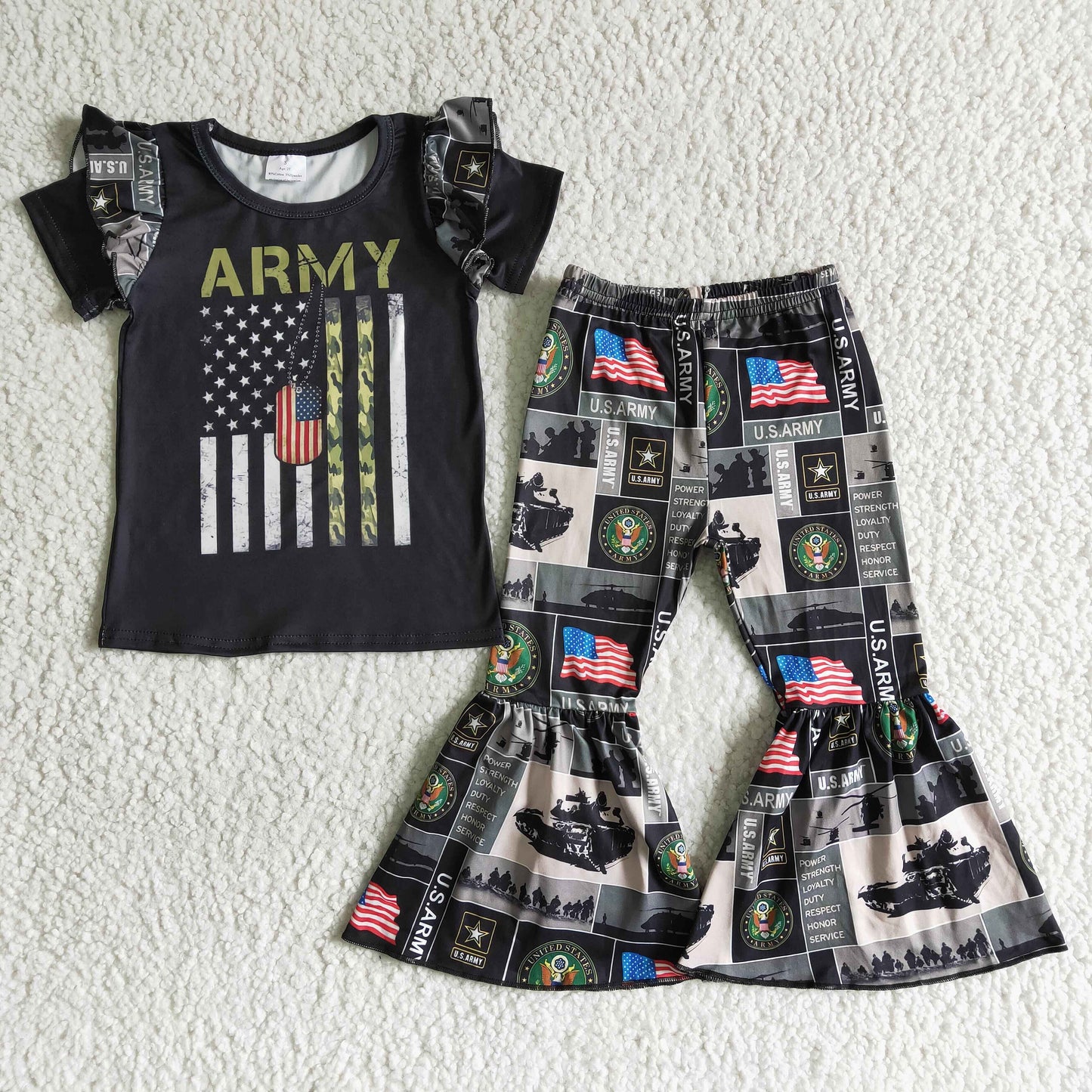 A16-16 ArmySummer Girl Short Outfit Kid Boutique Wholesale Outfit