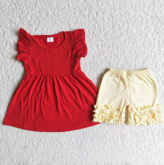 A17-1  Summer Red cotton 2pcs Short sleeve ruffle Sets Boutique kid clothes