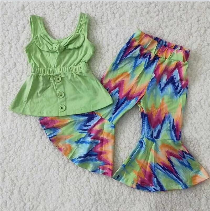 A17-23  Tie-dye Green Bow Short Sleeve Pant Sets Kid Clothes