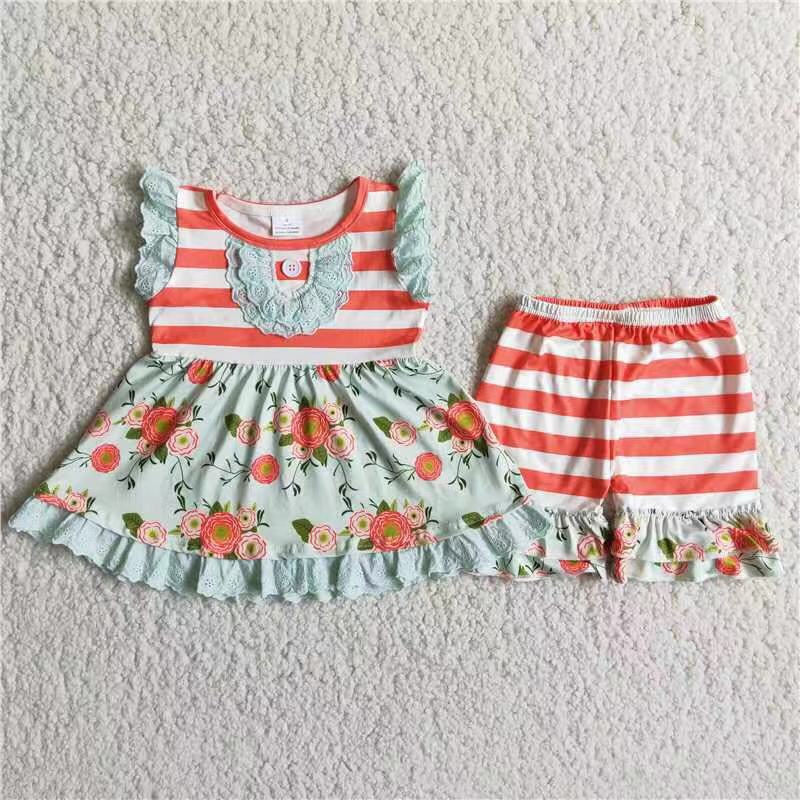 A17-3 Orange Floral Summer Shorts Sets