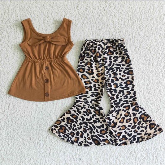 A18-3  Brown Leopard Bow Short Sleeve Pant Sets Kid Clothes