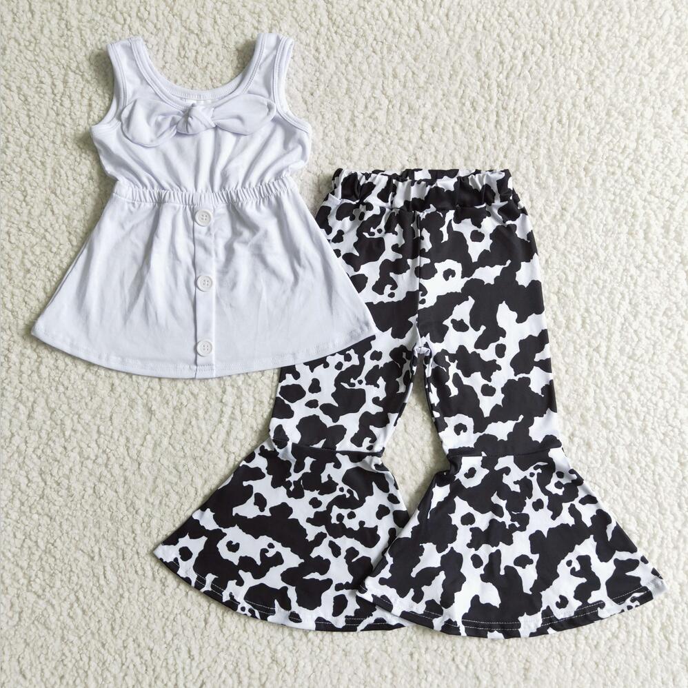 A18-4  White Cow Bow Short Sleeve Pant Sets Kid Clothes