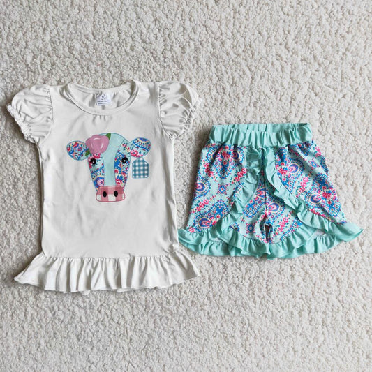 A4-12  Cartoon Blue Cow Pattern Girl Summer Boutique Clothing