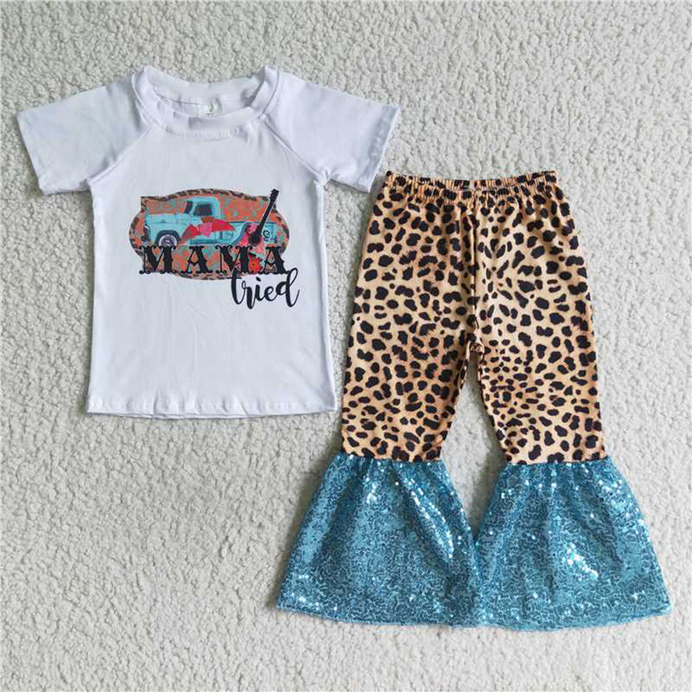 5.17 RTS NO MOQ Baby Girls Summer Sets A6-11 Mama Tried Sequin Pants Sets