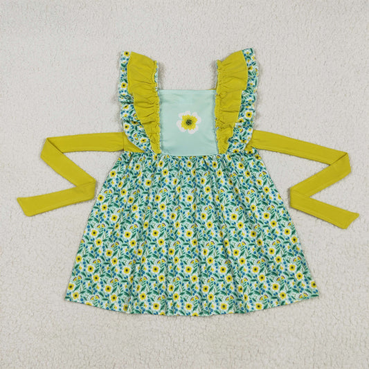 RTS NO MOQ Summer Baby Girls Dresses A6-21 Flutter Sleeves Sunflower Belt Knee Length Dresses