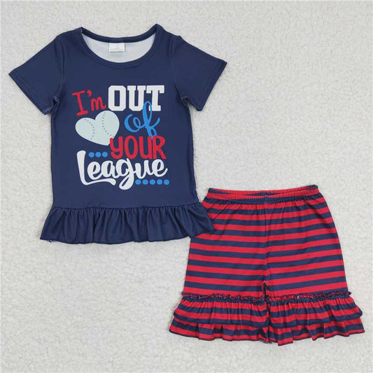 A8-22 baseball Summer 2pcs Short sleeve ruffle Sets Boutique kid clothes