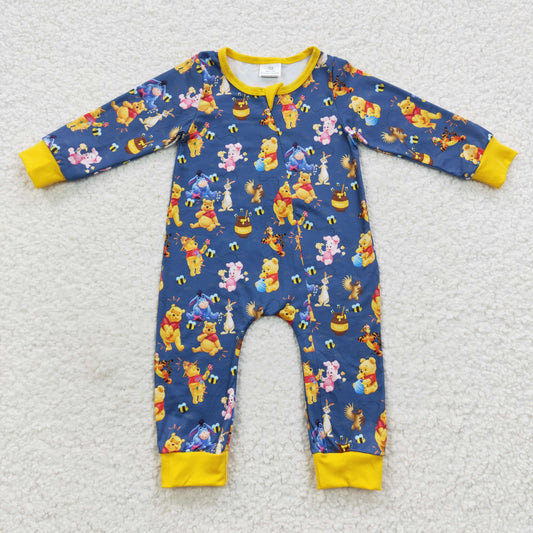 LR0347 Cartoon bear blue and yellow zip-up long-sleeved onesie