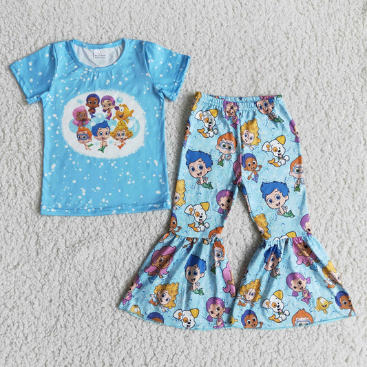 B0-26 Blue Girl Short Sleeve Outfit Kid Boutique Wholesale Outfit