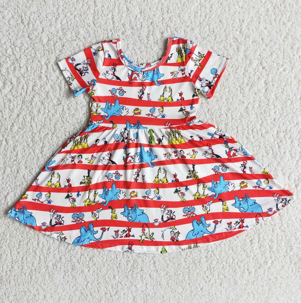 B1-11 Cartoon Stripe Cute Girl  Twirl Dress