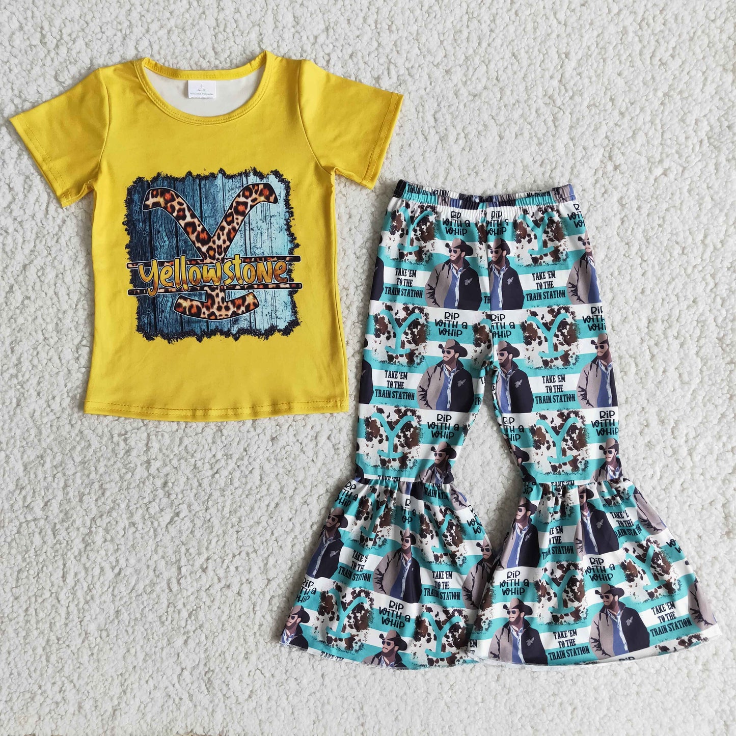 B1-17 Yellow Girl Short Sleeve Outfit Kid Boutique Wholesale Outfit