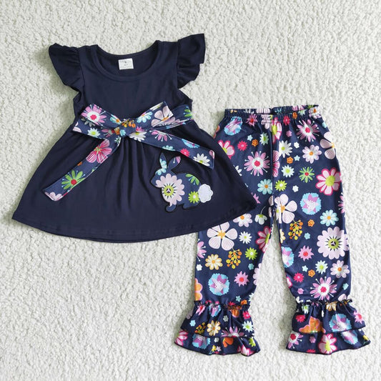 B10-15  Easter Floral Rabbit Girl 2pcs Short sleeve ruffle Sets Boutique kid clothing