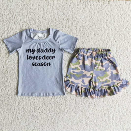 RTS NO MOQ Baby Girls Summer Sets B11-22 Letter T-shirt Camouflage Colour Ruffles Shorts Suit