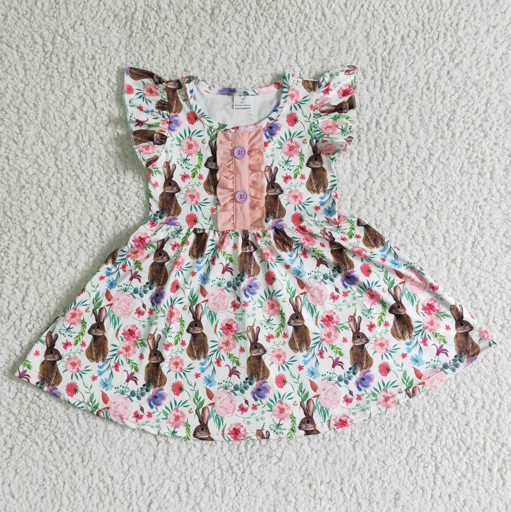 B11-30 Floral Rabbit Cute Girl  Twirl Dress