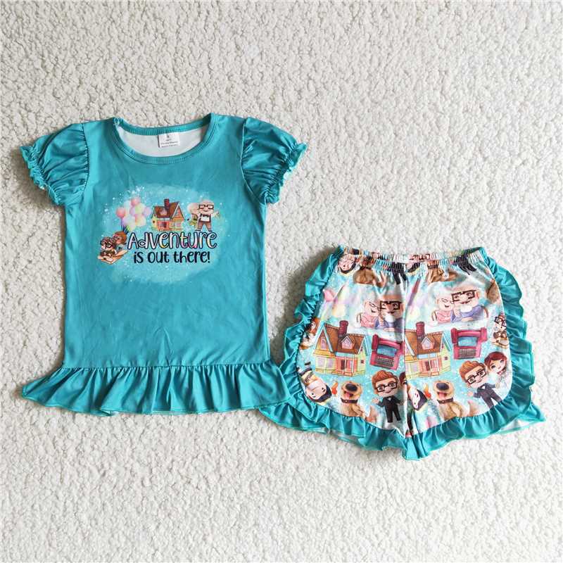 B12-25 Cartoon Blue Cute Girl Summer Boutique Short Sets