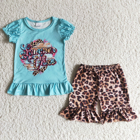 5.17 RTS NO MOQ Baby Girls Summer Sets B12-30 Vibes Blue Leopard Ruffle Shorts Sets