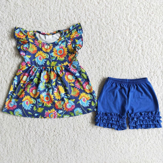 B13-13  Blue Floral Girl Icing Shorts Summer Boutique Clothing