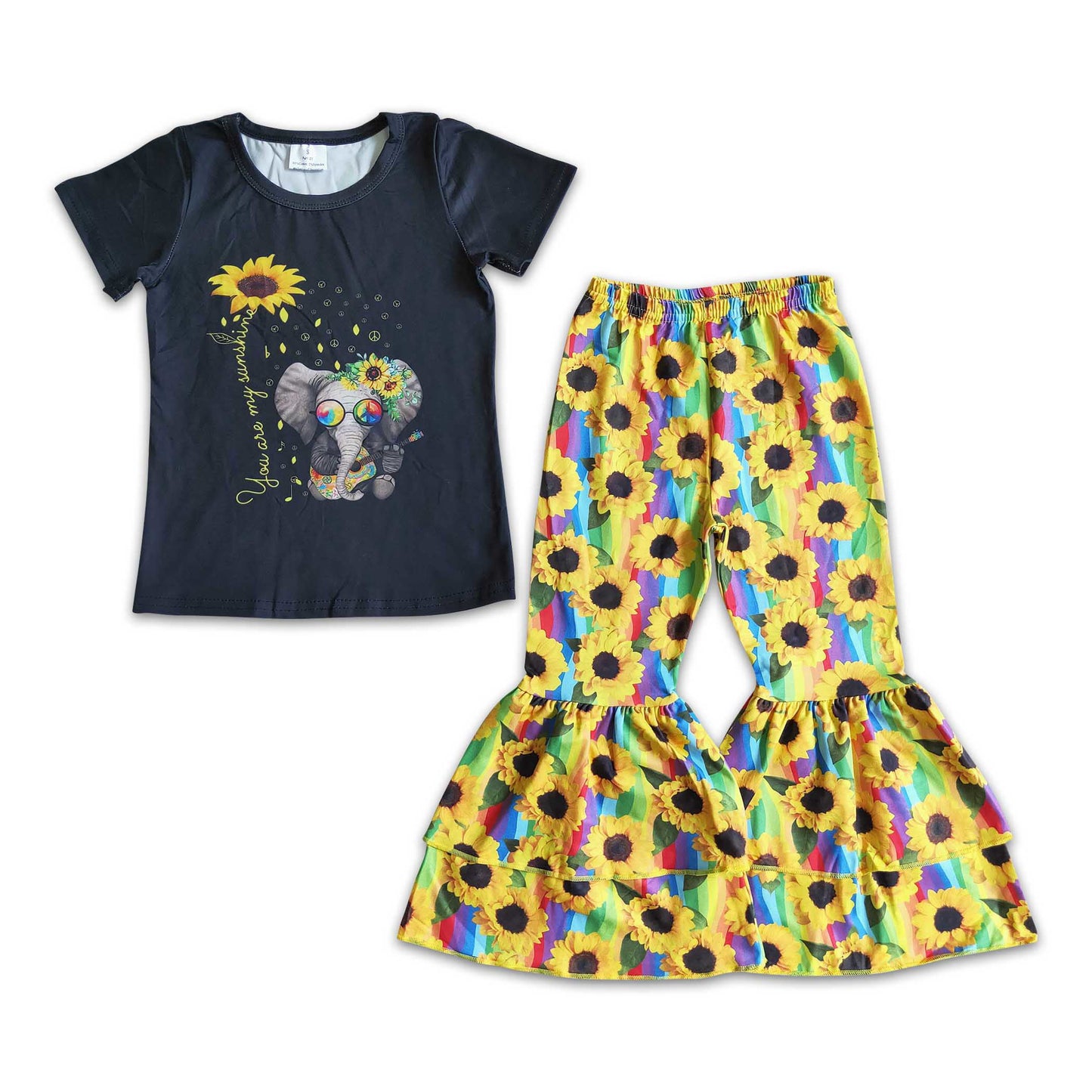 B16-10 Elephant Short Sleeve Sunflower Pant Sets Kid Clothes