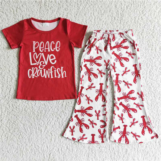 6.10 RTS NO MOQ Baby Girls Summer Sets B16-25 Peace Love Crawfish Red Bell Pants Clothing Sets