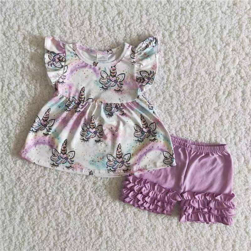 B17-24 Unicorn Cute Girl Short Sleeve Kid Clothes Kid Boutique Wholesale Outfit