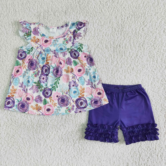 RTS NO MOQ Baby Girls Summer Sets B17-27 Flutter Sleeve Purple Floral Tunic Icing Shorts Sets