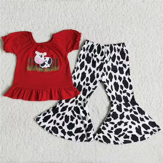 B18-13 Red Farm Cow Pattern Girl Summer Clothing Boutique Outfit