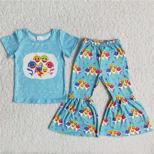 B18-14 Blue Cartoon Pattern Girl Summer Clothing Boutique Outfit