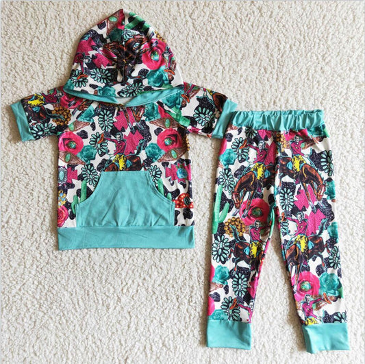 B18-1 Blue Floral Girls Summer Children Clothing Kid Summer Boutique Outfits