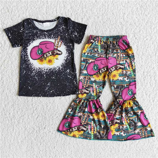 6.9 RTS NO MOQ Baby Girls Summer Sets B2-1 Western Hat Cowboys Bell Pants Clothing Sets