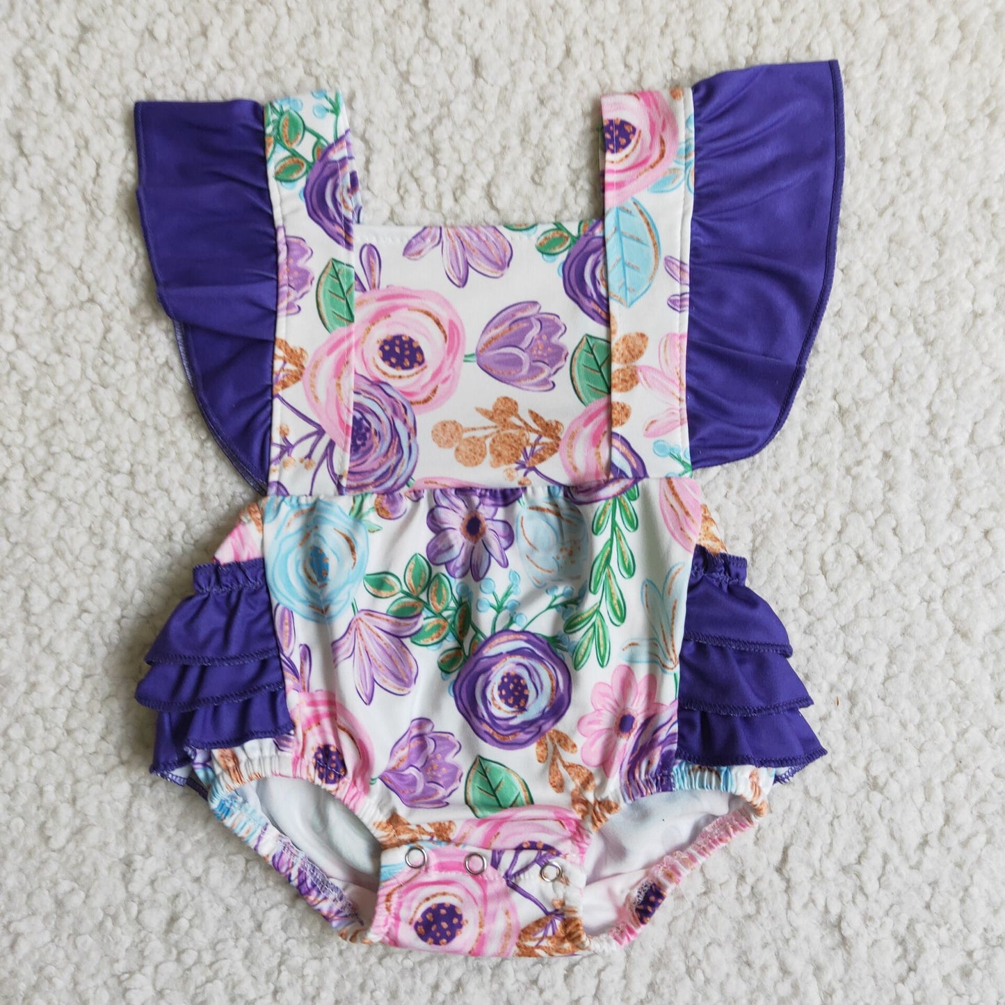 6.7 RTS NO MOQ Summer Baby Girls Bodysuit B3-27 Purple Floral Bubble Ruffle Rompers