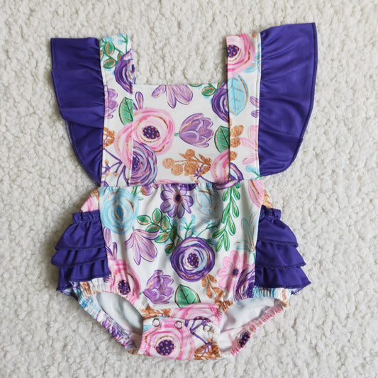 6.7 RTS NO MOQ Summer Baby Girls Bodysuit B3-27 Purple Floral Bubble Ruffle Rompers