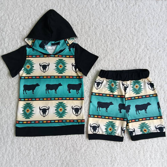 5.17 RTS NO MOQ Baby Boys Summer Sets B4-1 Western Cow Print Hoodie Sets
