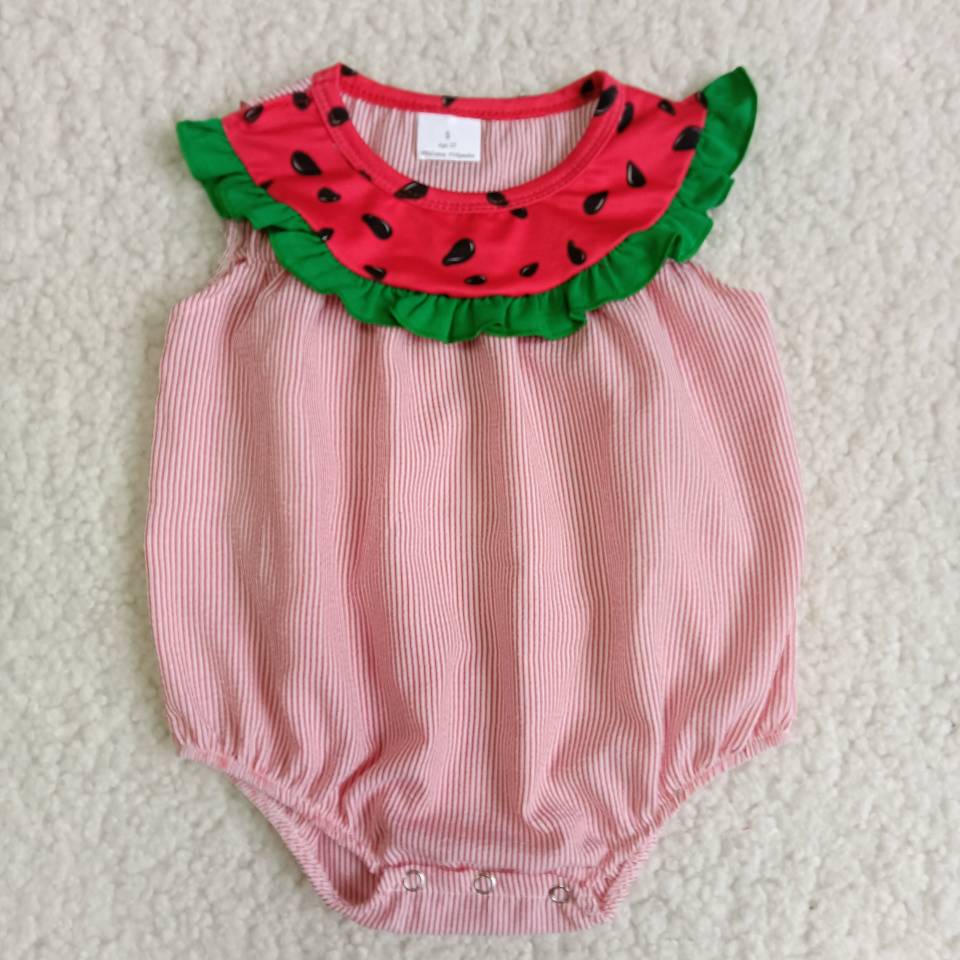 6.14 RTS NO MOQ Summer Baby Girls Bodysuit B5-11 Pink Watermelon Woven Striped Romper