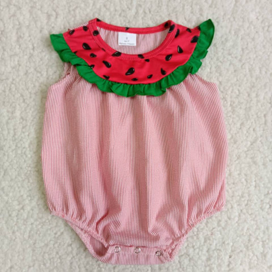6.14 RTS NO MOQ Summer Baby Girls Bodysuit B5-11 Pink Watermelon Woven Striped Romper