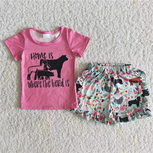 5.17 RTS NO MOQ Baby Girls Summer Sets B5-22 Pink T-shirt Farm Exquisite Ruffles Shorts Sets