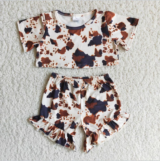 B6-15 Cow Pattern Cute Girl Short Sleeve Kid Clothes Kid Boutique Wholesale Outfit